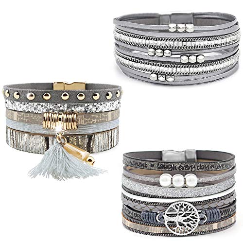 Wovanoo 3Pack Leather Cuff Bracelet Set Multilayer Wrap Bracelet Sequins Tree Magnetic Clasp Bracelet for Women Grey
