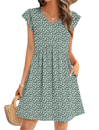 Image of OFEEFAN Summer Dresses for Women Beach Vacation Clothes V Neck Ruffle Sleeve Babydoll Dress Elegant Classy Sundress