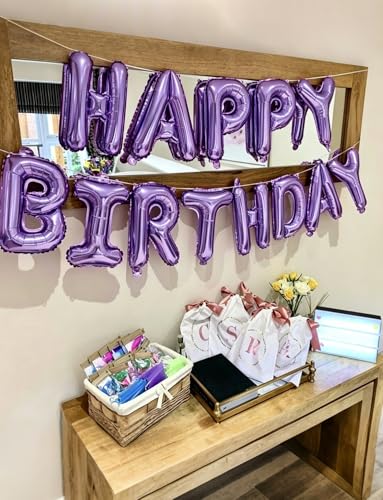 Image of Purple Happy Birthday Balloon Banner, 16 Inch Foil Letter Balloons, Purple Birthday Decorations for Women Girls Teens, Adult Birthday Party Photo Backdrop