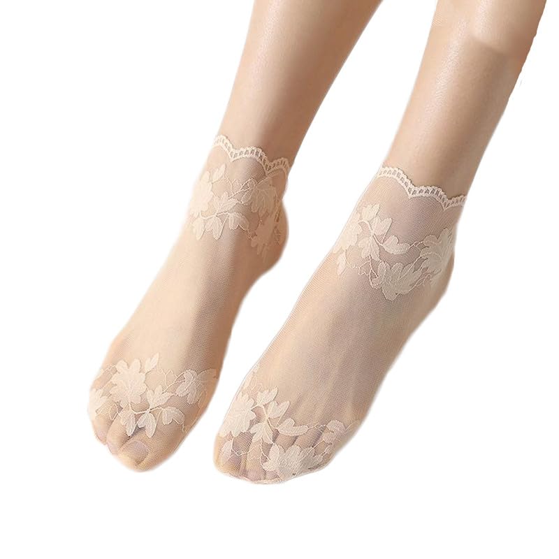 Yolhloy 10 Pairs Lace Ankle Socks Women's Nylon Pop Socks Anti-Slip Cotton Sole Silky Sheer Socks Reinforced Toe Invisible No Show Socks for Women Girls