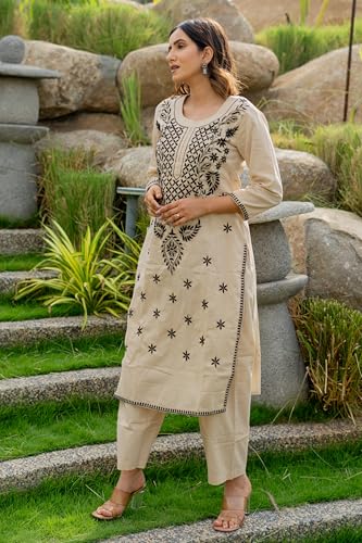 Image of MIRCHI FASHION Pure Cotton Lucknowi Chikankari Embroidered Kurta Set | Straight Fit Kurta Pant Outfit | Ethnic Office Wear & Daily Style 2 Piece Collection