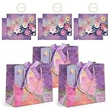 Eclove Set de 3 Bolsas de Regalo de Papel con Estampado Floral, Bolsas de Regalo con Lazo y Tarjetas de Felicitación para Cumpleaños, Bodas, Fiestas, San Valentín y Navidad (Multicolor, Medianas)