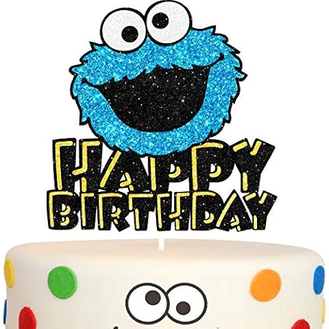 Cookie Monster Happy Birthday Cake Topper - Blue Glitter Happy Birthday - Birthday Party Cartoon Decorations Supplies - Cake Decoration for Girls or Boys Cover