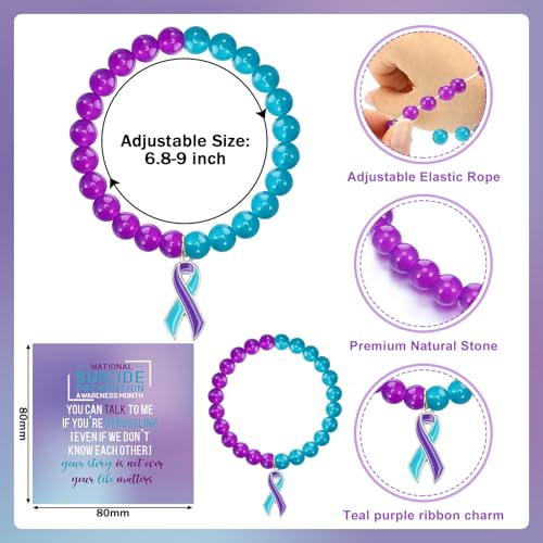 Image of Huquary 12 Pcs Suicide Prevention Awareness Bracelets Gifts Bulk Teal and Purple Natural Stone Ribbon Bracelets for Suicide Prevention Depression Awareness Gift