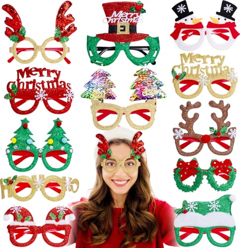 Adeyoo 12Pcs Christmas Glasses,Glitter Holiday Glasses Frame Funny Xmas Glasses Novelty Costume Eyeglasses Christmas Decorations Accessories for Christmas Party Supplies Favors Photo Props