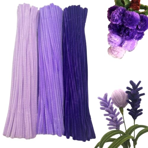 Swpohrat 300 Pieces Shades of Purple Pipe Cleaner Craft Set 3 Assorted Colors Thick Fuzzy Chenille Stem Pipe Cleaners for DIY Craft Flower Projects Holiday Decorations