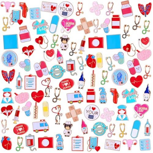 Image of Ceenna 100 Pcs Nurse Enamel Pins Bulk for Backpacks, Lapel Pin Gifts | Zinc Alloy; 50 Unique Designs-stethoscope, Syringe, Ambulance; Perfect for Nursing Graduation or Nurses Week Gifts