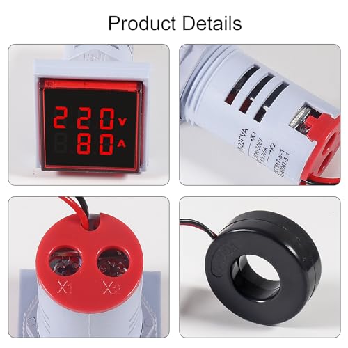 Image of 2pcs LED Display Voltmeter Ammeter,22mm Square Dual Display Digital Voltage Gauge Current Tester AC 0-100A 60-500V Meter Indicator(Red)