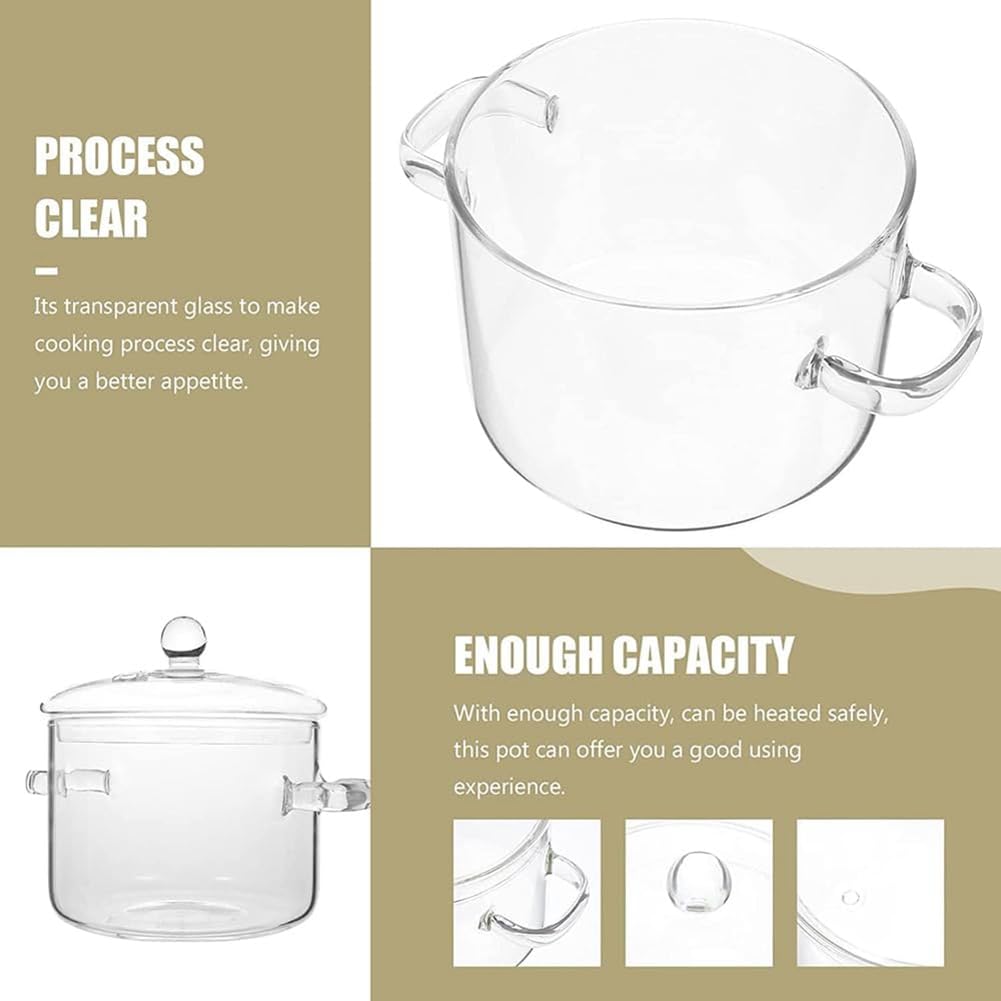 Cacerola de Vidrio con Tapa, Olla para Cocinar con Tapa y Asa, Olla para Cocinar una Fuego Lento, Olla para Sopa Transparente, Alto Borosilicato 1400ML