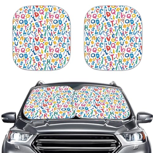 Cupattern Colorful Alphabet Ruler White Windshield Sun Shade for Car 2 Pack Front Window Sun Visor UV Protection Cover