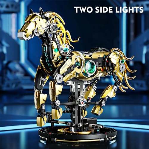 Image of SKY LINE OCEAN Mechanical Horse Building Set with Light - 1055+ PCS Steampunk Robotic Animal Model, LED Display STEM Construction Kit, Compatible Bricks Collectible Gift for Teens & Adults