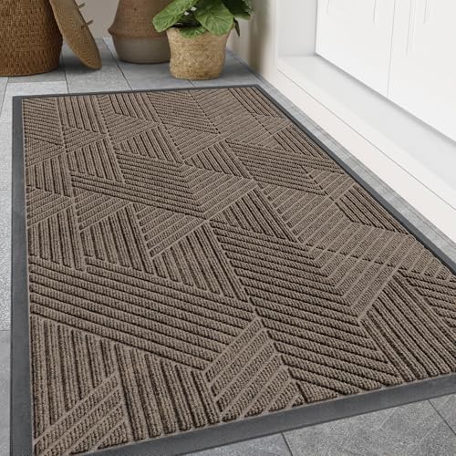 Image of Smiry Front Door Mat Outside Entrance, Heavy Duty Sturdy Natural Rubber Doormat, Trap Dirt and Moisture, Easy Clean Low Profile Mats for Indoor Outdoor Entry, Irregular Triangle (47x32, Mixed Khaki)