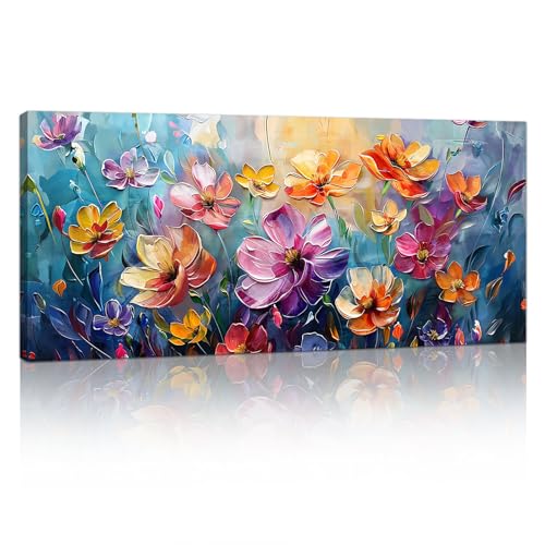 FajerminArt Cuadro Grande Sobre Lienzo Con Marco Flores Vintage de Colores Cuadro de Lienzo Moderno Impresión Sobre Lienzo Póster Para Salón Dormitorio Restaurante Decoración Mural 120 x 50 cm