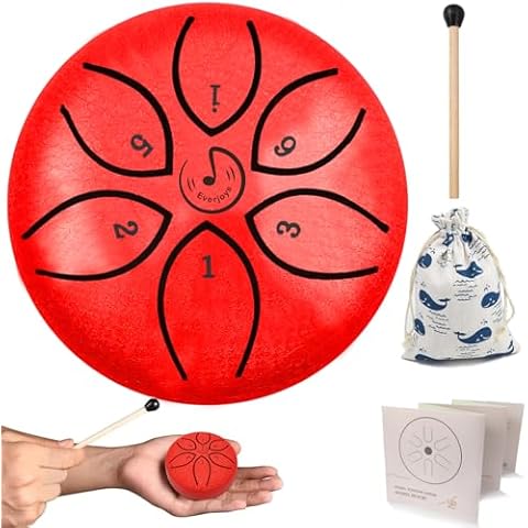 Rain Drum for Outside- Steel Tongue Drum 3 Inch 6 Notes Mini Drum Percussion Instrument Ethereal Drum w/Bag, Music Book and Malletsand Finger Paddles, Music Gift for Kids(Red) Cover