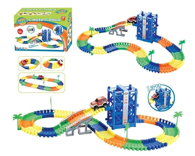 Track Cars for Kids Flexible Race Set with Lift Bridge & Car 120pk Multicolor STEM Building Toys for Boys and Girls