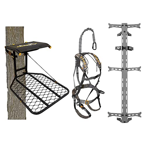 MUDDY The Boss Wide Stance Hang-On Hunting Tree Stand Platform w/Ambush Padded Safety Harness & Hawk Helium Set of 3 Climbing Sticks w/Fold-Up Steps