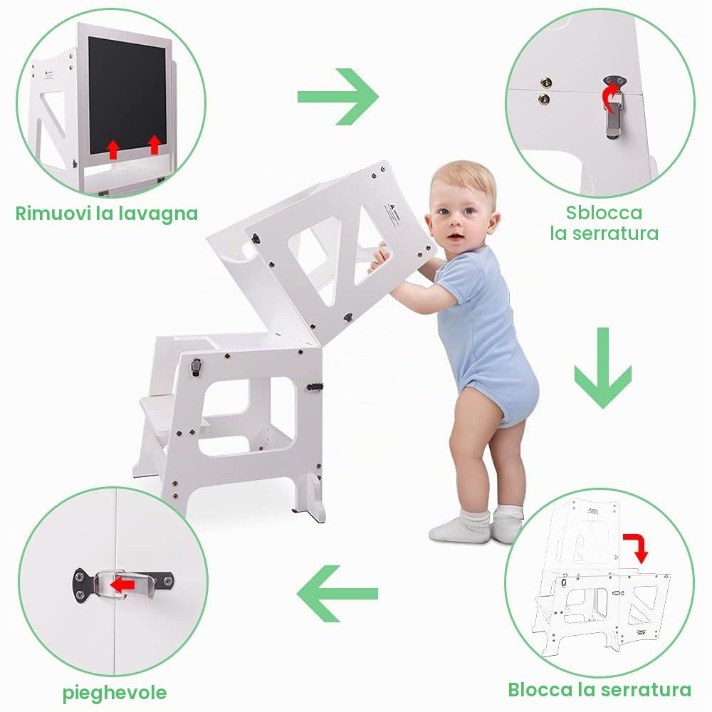 YOLEO Torre di apprendimento Transformer, Torre Montessori per bambini e neonati, pieghevole Learning Tower con lavagna bianca e nera magnetica, bianco - legno (White)