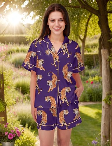 Image of SHESHOW Satin Pajamas for Women Set Preppy Animals Pjs Short Sleeve Shorts 2 Piece Loungewear Sets XS-XXL