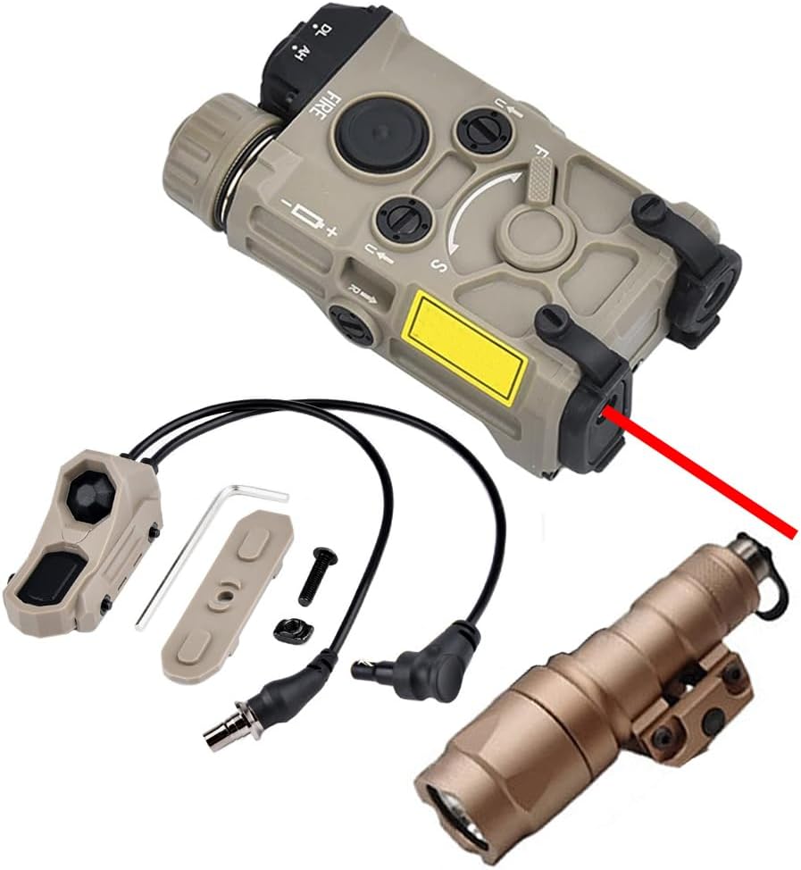 Plastic 0G Box Aiming Laser Sights(with Red/Green/Blue Laser+IR+White Flashlight),& M300A Strong LED Flashlight,& AX Modular Dual Wire Remote Pressure Switch(SF+Crane Plug) Combo,Tan