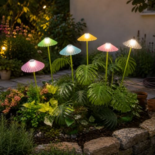 Image of XERGY Solar Colorful Umbrella Design Garden Stake Lights, Waterproof Outdoor Decorative LED Lights, 1200mAh Battery, 8 Lighting Modes, Auto ON /Off Dusk to Dawn for Lawn & Pathway (Pack of 6)