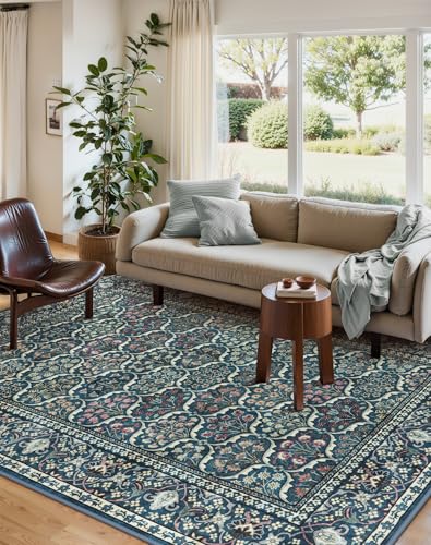 Lahome Oriental 8x10 Washable Non-Slip Rug - Stain Resistant, Floral Vintage Print for Living Room & Dining Room (Blue)