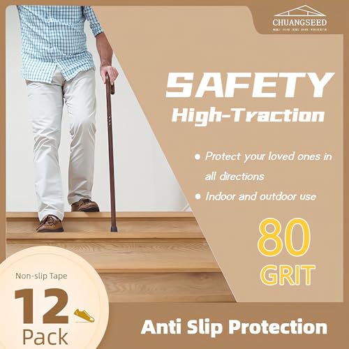 CHUANGSEED 12-Pack Non-Slip Outdoor Stair Treads Grip Tape 12'' x 30'', Heavy Duty Black Grit Anti-Slip,High Traction Adhesive Treads Suitable for Most Slippery Surfaces by CHUANGSEED - Image 2