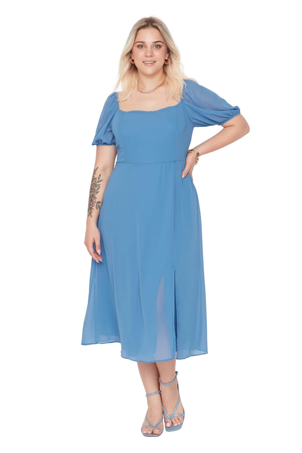 Trendyol Woman Plus Size Midi A-line Regular fit Woven Plus Size Dress,Blue,46