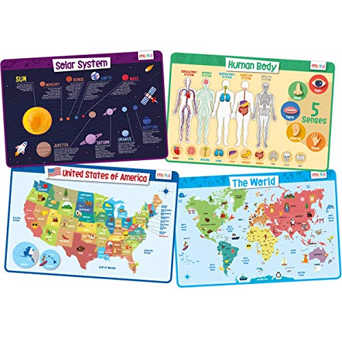 Comparison: Best Placemats For Kids 6 Merka Kids Educational Placemat Set 4-Pack - 17 x 11 in Multicolor Silicone - Washable & Reusable with Secure Grip Backing - Map Placemats for Kids, Solar System, Human Body, World & US Map