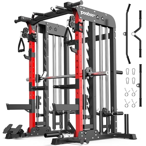Pooboo Multi-Functional Machine Power Cage, 2000LB Squat Rack, LAT-Pull Down System, Dual Pulley...