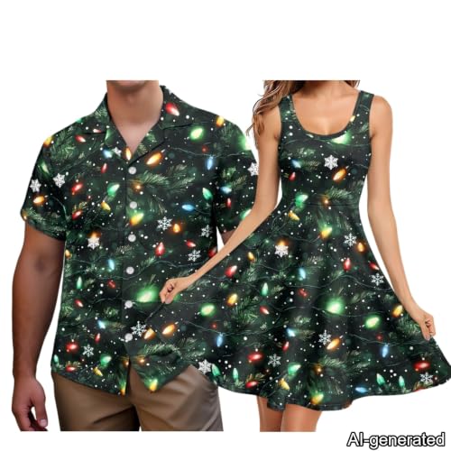 Image of Dreaweet Summer Dresses for Women A-Line Sleeveless Flowy Sun Dresses,Men's Casual Button-Down Shirts,Couple Matching Outfits