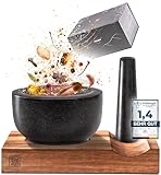  PUR. Mörser – Design-Mörser aus Granit - großer Granit-Mörser mit Stößel in Akazien Holzunterlage - edles Mörser und Stößel Set in Geschenk-Verpackung