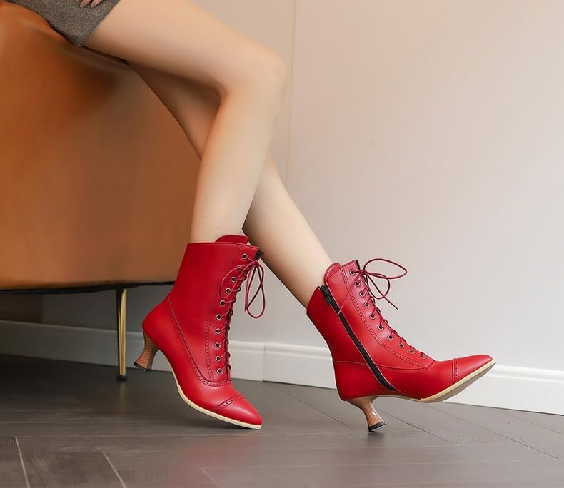 Ankle Boots for Women Retro Mid Calf Victorian Boots Pointed Toe Black Short Booties Low Kitten Heel Vintage Lace Up Witch Knight Boot Winter Fashion Office Dance Costume Dress Shoes