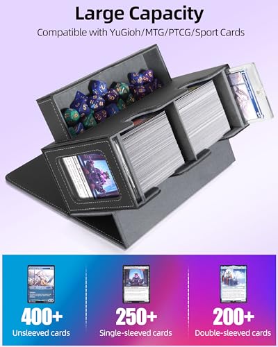 Image of MTG Deck Box, MTG Commander Card Deck Box with Commander Display, Fits 250+ Single Sleeved, Double Card Storage Box with Dice Tray, Magnetic Card Storage Case for CCG TCG Sports Cards, Black Grey