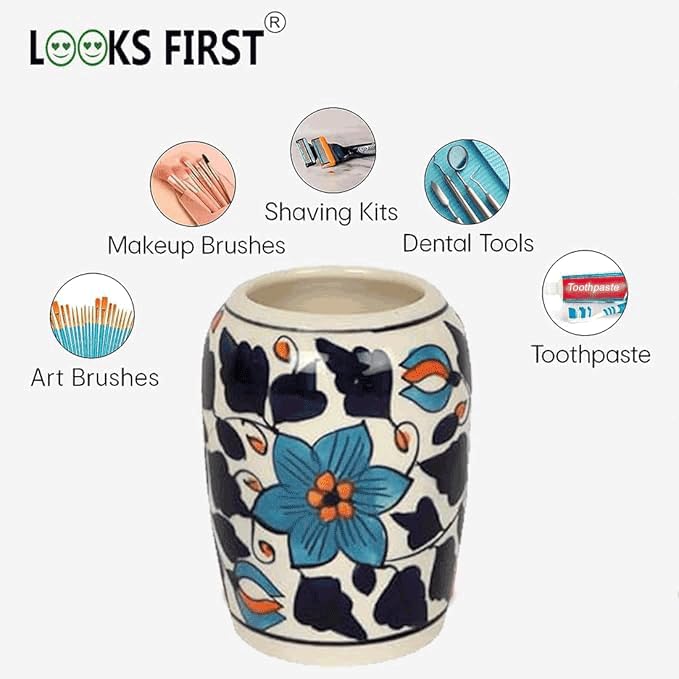 LOOKS FIRST Handmade Bathroom Accessories Ceramic Toothbrush Holder, Tooth Paste Holder Stand Home, Office, Doctors Cabin Decor, Hospital Décor, Music Institute, Kitchen Decor Blue with Flower Design - Image 5 thumbnail