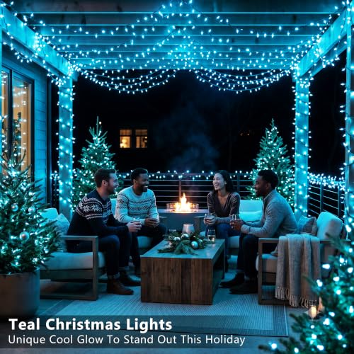 Image of BrizLabs Teal Christmas Lights Outdoor 100 Count 19.7ft Incandescent Christmas Lights Connectable Clear Light String UL Certified Xmas Mini Light Set Green Wire for Indoor Outdoor Tree Holiday Party
