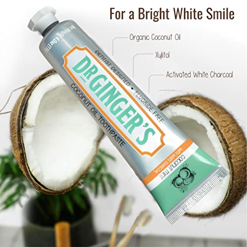 Dr. Ginger's Coconut Oil Toothpaste With White Activated Charcoal, All-Natural Whitening Brightening Power, Enamel-Safe, Reduces Plaque & Gum Sensitivity, Fluoride-Free, Coconut Mint Flavor, 4Oz, 2Ct #TOP3