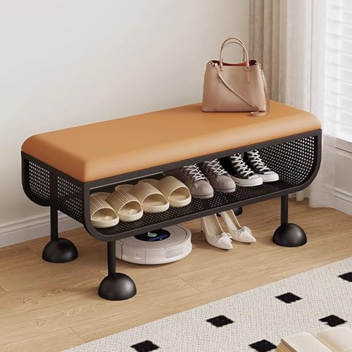 Banco Zapatero con Asiento, Banco de Almacenaje Dormitorio con Estantes De Malla, Descalzadora for VestíBulo, Sala de Estar y Pasillo(Orange+Black,80cm)