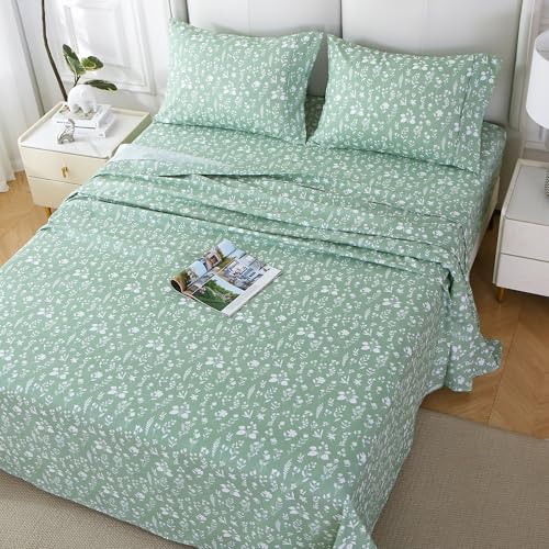 Image of Viviland Sage Green Twin Sheet Set - 4 Piece Vintage Green Flower Patterned Bed Sheets - Soft, Breathable Microfiber Floral Sheets with Deep Pocket, Non-Slip Fitted Sheets & Pillowcases