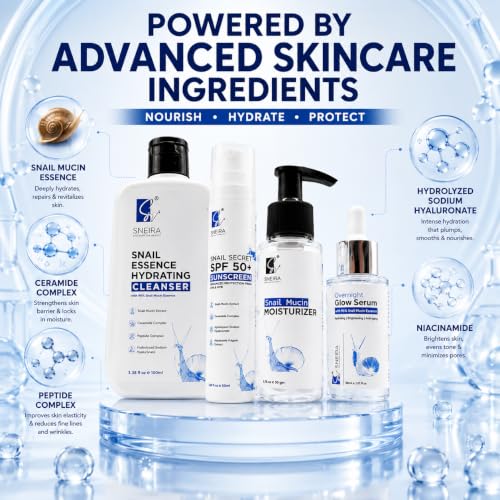 Image of Snail Mucin Skincare Kit - Face Cleanser, Snail Mucin Glow Serum, Moisturizer & SPF 50+ Sunscreen | Korean Skin Care Routine Kit for Glowing Skin | Daily Hydrating Skin Care Set for Men & Women