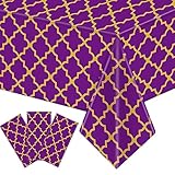 Buryeah 3 Pcs Arabian Tablecloth Arabian Party Decorations Purple Gold Lattice Plastic Table Cloth Nights Moroccan Table Cover for Arabian Themed Party Supplies Birthday Diwali Decor, 54 x 108 Inch