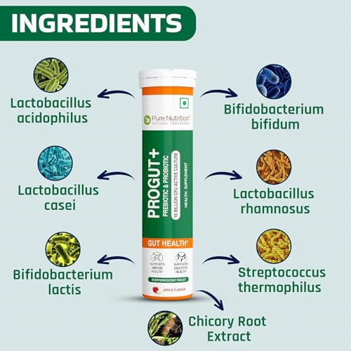 Image of Pure Nutrition Progut+, 15 Effervescent Tablets - 18 Billion CFU | Prebiotic & Probiotic Supplement for Gut Health, Digestion & Immunity | Relief from Acidity, Bloating & Heartburn - Apple Flavour