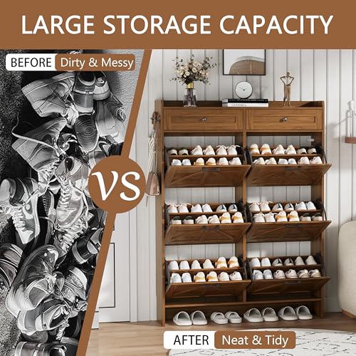 Image of Shoe Cabinet with 6 Flip Drawers & 2 Top Drawers, 57 inch Tall Freestanding Narrow Wooden Shoe Storage Organizer for Entryway, Hidden Slim Shoe Rack for Front Door Entrance, Hallway, Living Room, Walnut