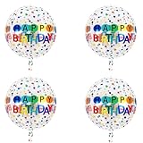 DIADARL 4 Pieces Large Happy Birthday 4D Balloons 22 Inches Happy Birthday Colorful Balloons Clear Round Rainbow Foil Balloons for Kids Women Men Birthday Party