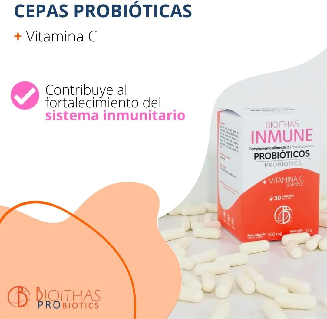 INMUNE - Probiotico para Foratalecer el Sistema Inmune. Con Vitamina C para Reforzar las Defensas. Tiempo recomendado 3 Meses. Envases de 30 cápsulas.