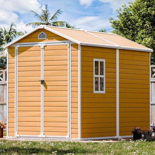 Outdoor-Resin-Storage-Shed-8x6-FT-Plastic-Sheds-with-Floor-Window-Lockable-Door-Included-Large-Waterproof-Outside-Sheds-Storage-for-Backyard-Garden-Patio-Lawn-Tools-Brown Outdoor Resin Storage Shed 8×6 FT Plastic Sheds with Floor Window Lockable Door Included Large Waterproof Outside Sheds Storage for Backyard Garden Patio Lawn Tools Brown