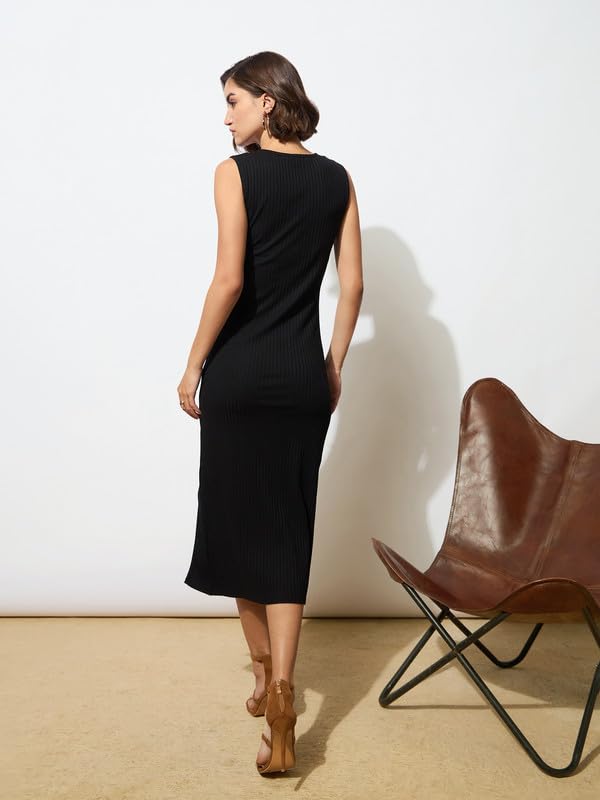 Image of barcino Black Rib Square Neck Sleeveless Midi Dress
