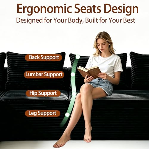 Image of 93 inch U-Shaped Boneless Couch, Corduroy Cloud Couch Sectional with Chaise and Ottoman, Deep Seat Modular Sectional Sofas for Living Room, No Assembly - Black (Left Facing Chaise)