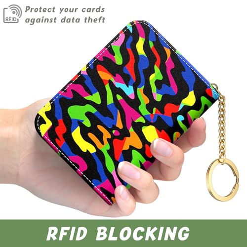 Image of Aiawoxc Credit Card Holder, Small RFID Wallet Slim Leather Card Organizer Case with Zipper and Keychain, Abstract Rainbow Art