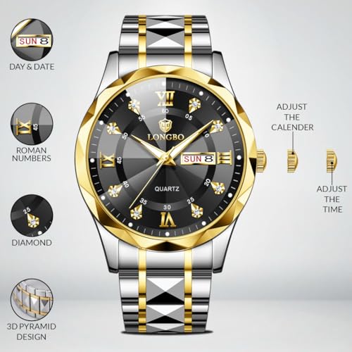 Image of LONGBO Zenith Diamond Analog Watch for Men Business Stainless Steel Watches Luxury Men's Wristwatch | Birthday Gift for Men | Gift for Husband | Gift for Brother