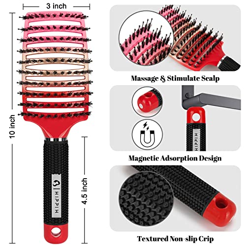 Boar Bristle Hair Brush 2 Pack, Hippih Wet & Dry No Pull Curved Vented Hair Brush, Styling Voremy Magical Brush Detangler For Kids & Men, Hairbrush For Women Can Adds Shine & Smooth Curly Thick Hair #TOP1